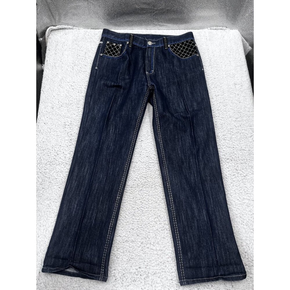 Men's Ak:Cess Akcess Dark Wash Baggy Y2K Embellished Denim Jeans Size 36x32 - Picture 4 of 16